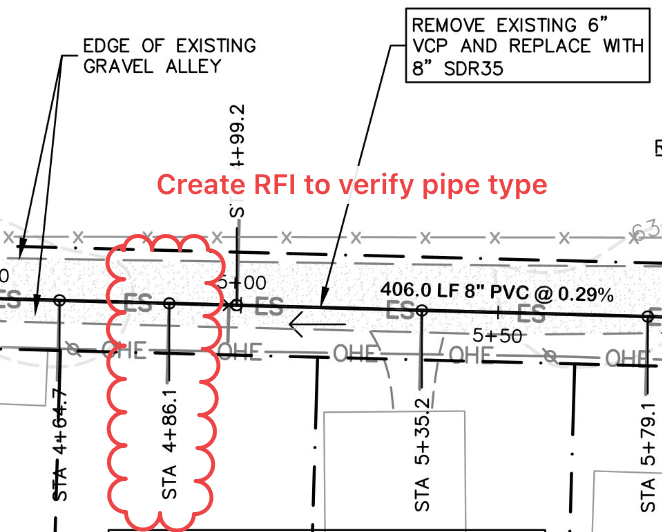 Sewer plan sheet with an RFI markup cloud